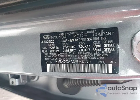 2021 Hyundai Kona Sel z USA, uszkodzony, nr VIN KM8K2CAA3MU617270